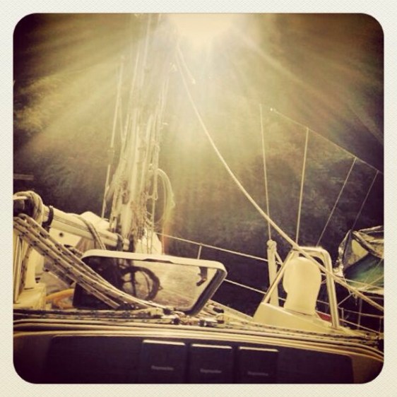 Utsikt över fördäck, fast förtöjda vid djungelns kant