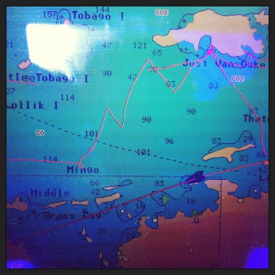 Vår segling i BVI, man kan se vart vi får problem, seglar upp till Jost van dyke, draggar, seglar till West end Tortola samt tidigare dagars segling...